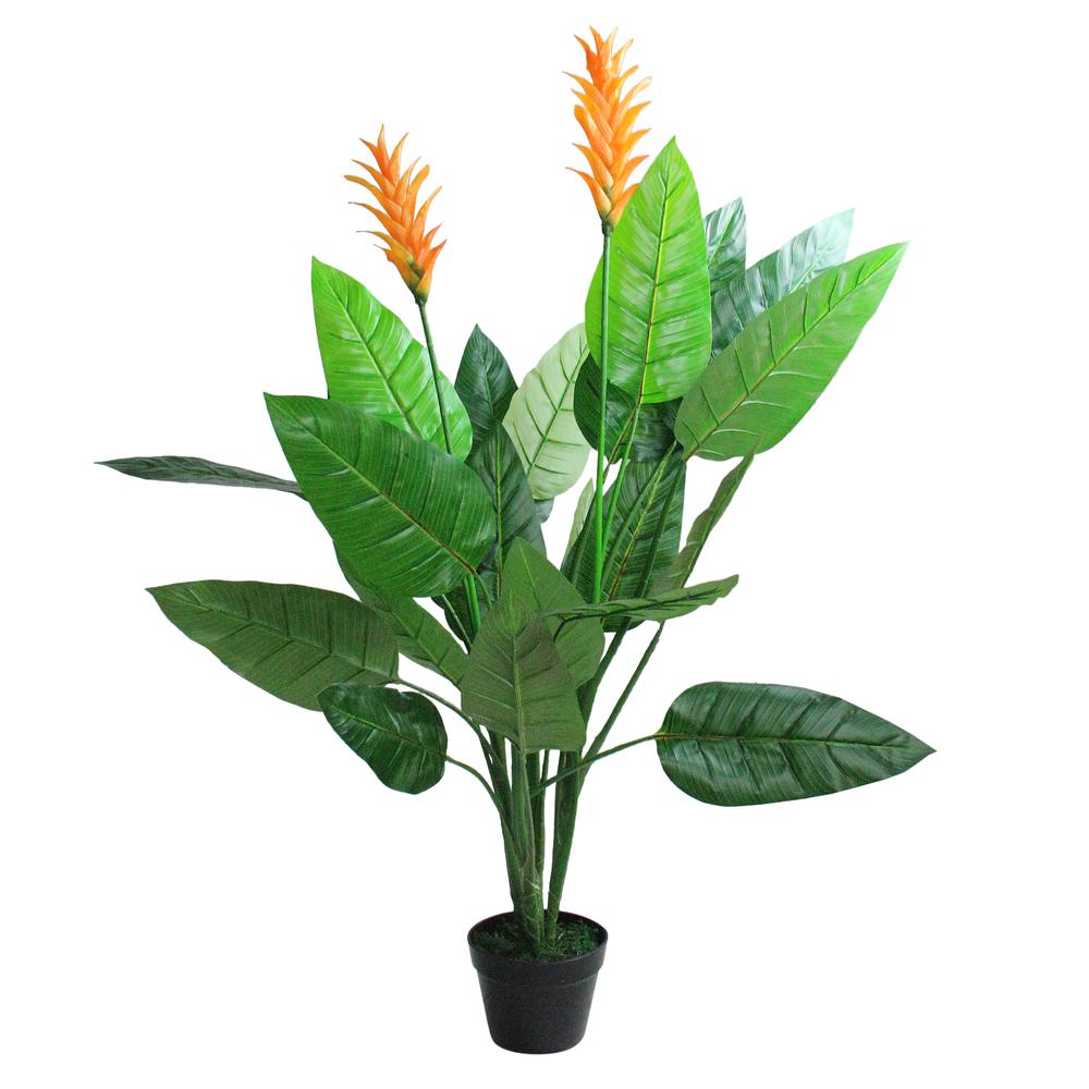 50" Green and Orange Artificial Bird of Paradise Plant in a Black Pot. Picture 1