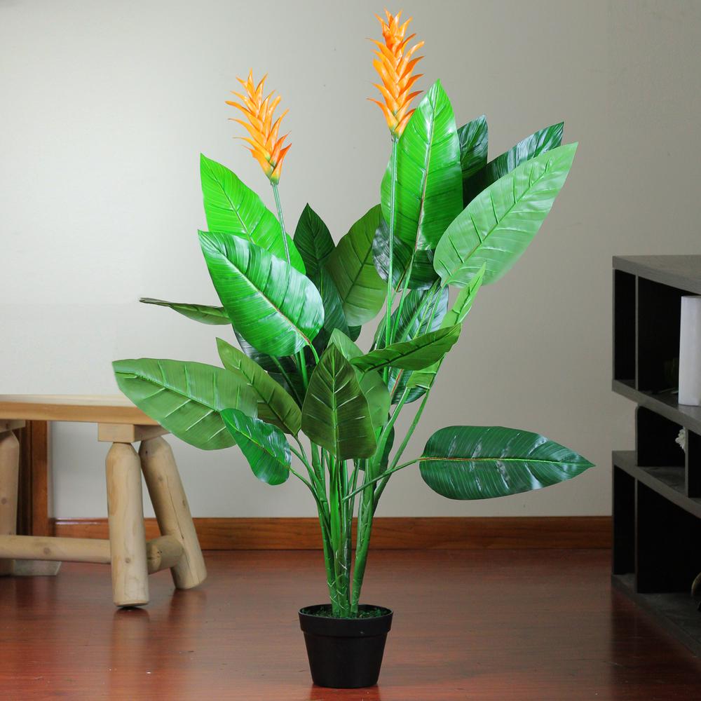 50" Green and Orange Artificial Bird of Paradise Plant in a Black Pot. Picture 2