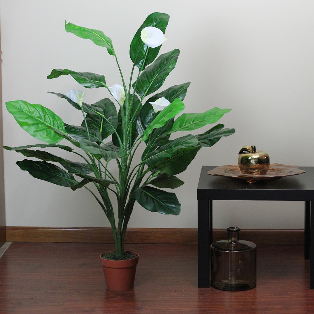 47.5" Potted Green and White Artificial Tropical Peace Lily Spathe Plant. Picture 4