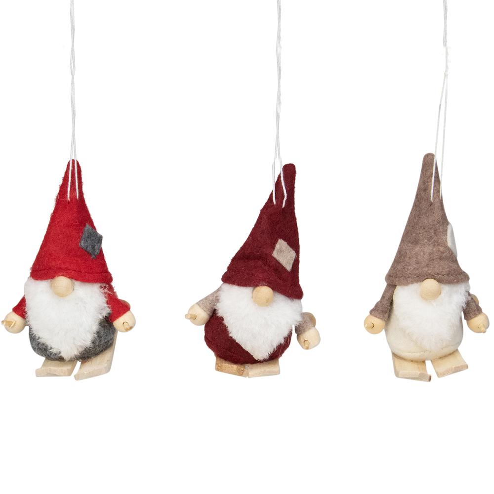 Set of 3 Red and Gray Skiing Gnome Christmas Ornaments 4". Picture 1