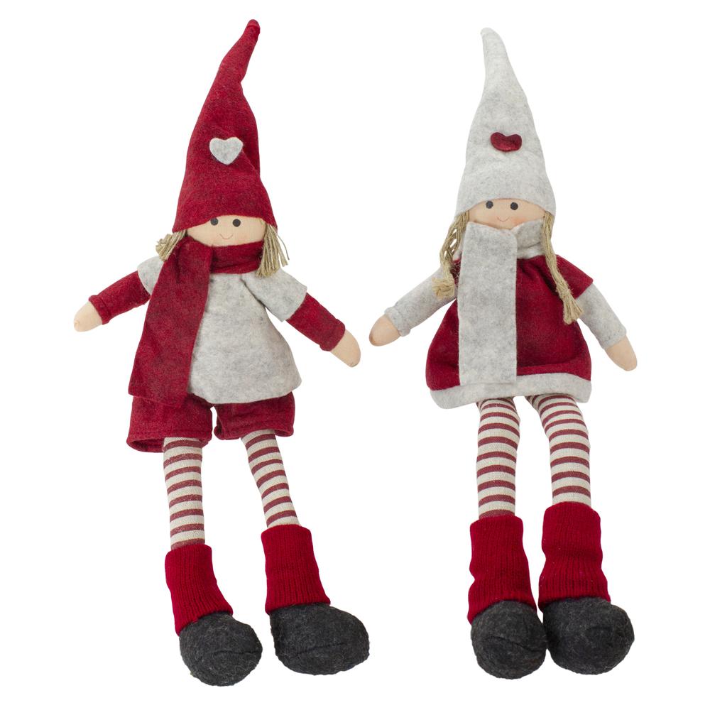 Set of 2 Plush Red and Beige Boy and Girl Sitting Christmas Doll Decorations 19". Picture 1
