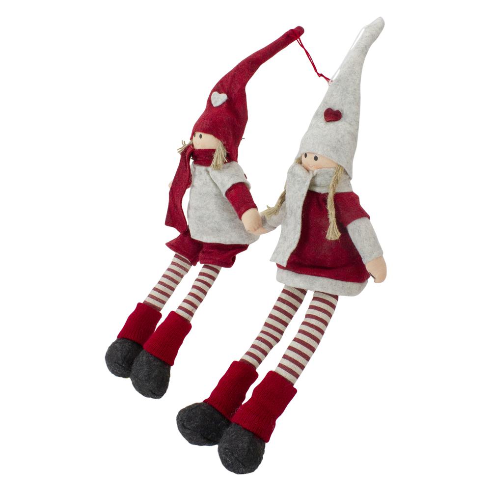 Set of 2 Plush Red and Beige Boy and Girl Sitting Christmas Doll Decorations 19". Picture 3
