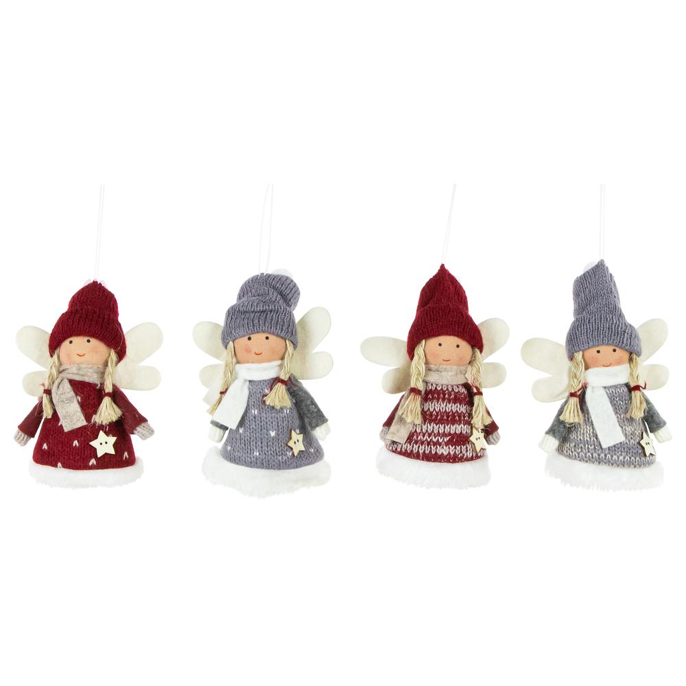 Set of 4 Red and Gray Plush Angel Christmas Ornaments 4.25". Picture 1