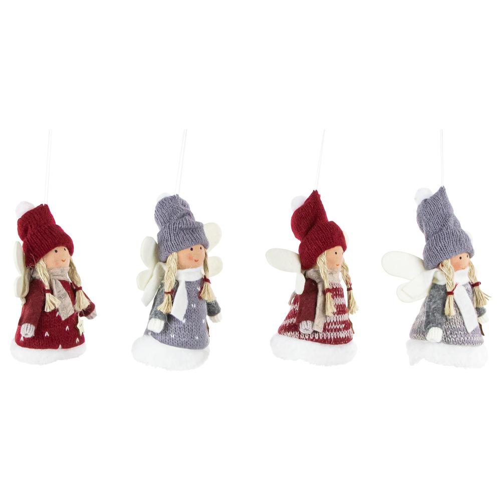 Set of 4 Red and Gray Plush Angel Christmas Ornaments 4.25". Picture 4