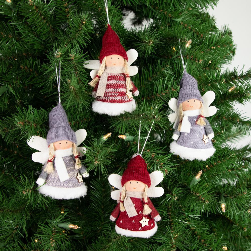 Set of 4 Red and Gray Plush Angel Christmas Ornaments 4.25". Picture 2