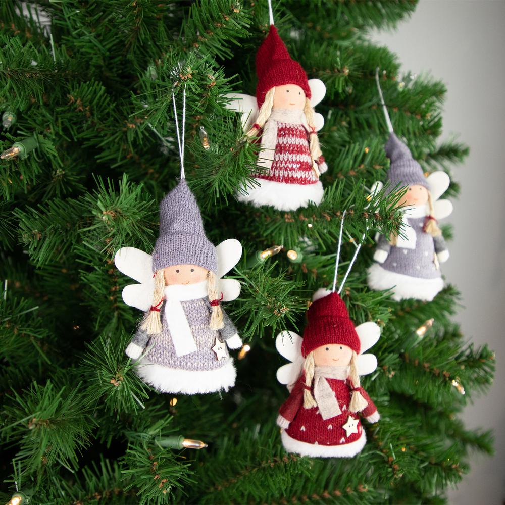 Set of 4 Red and Gray Plush Angel Christmas Ornaments 4.25". Picture 3