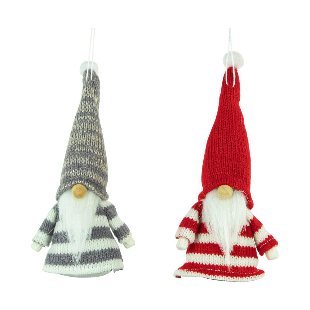 Set of 2 Red and Gray Striped Gnome Plush Christmas Ornaments 6.25". Picture 1