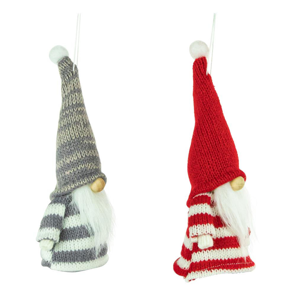 Set of 2 Red and Gray Striped Gnome Plush Christmas Ornaments 6.25". Picture 7