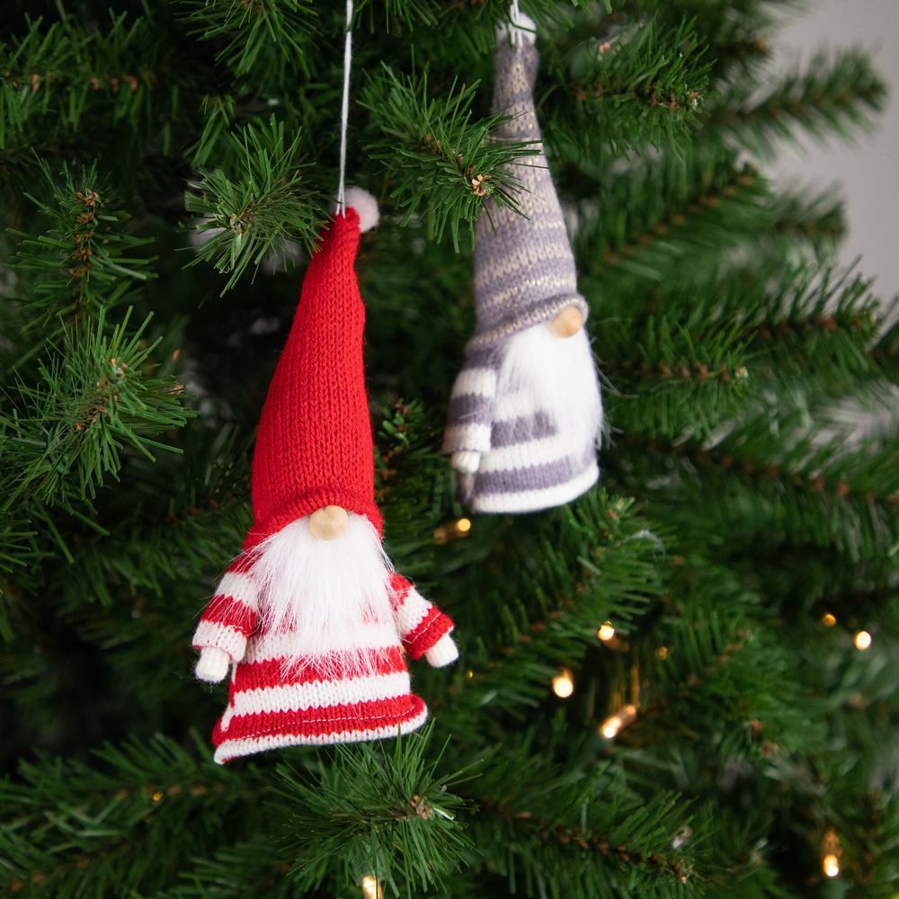 Set of 2 Red and Gray Striped Gnome Plush Christmas Ornaments 6.25". Picture 2
