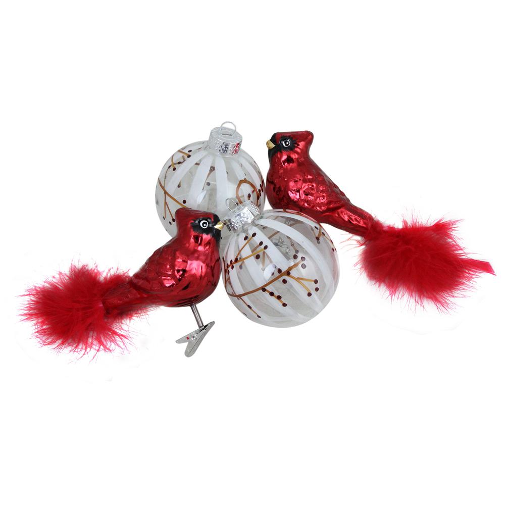 4ct Red and White Cardinal Birds Glass Finish Christmas Ball Ornaments 6.25" (155mm). Picture 3