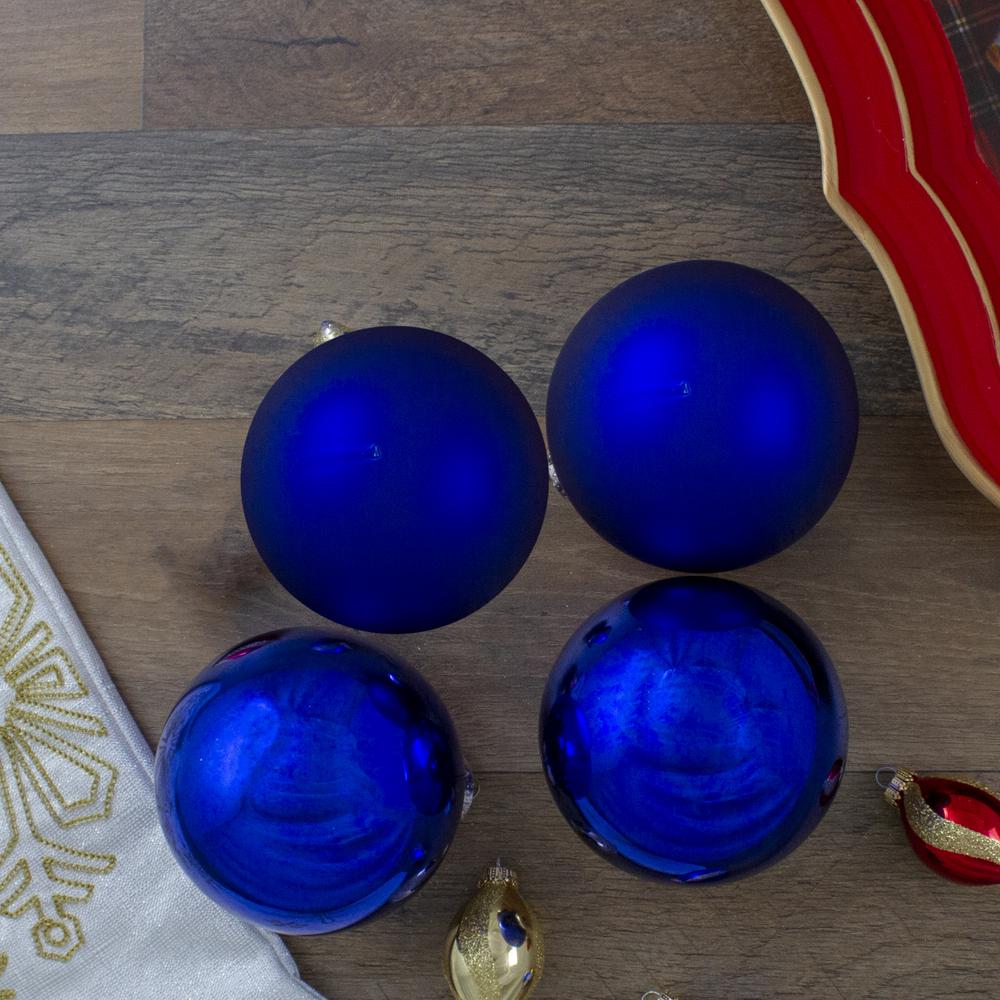 4ct Royal Blue 2-Finish Glass Christmas Ball Ornaments 4" (100mm). Picture 4