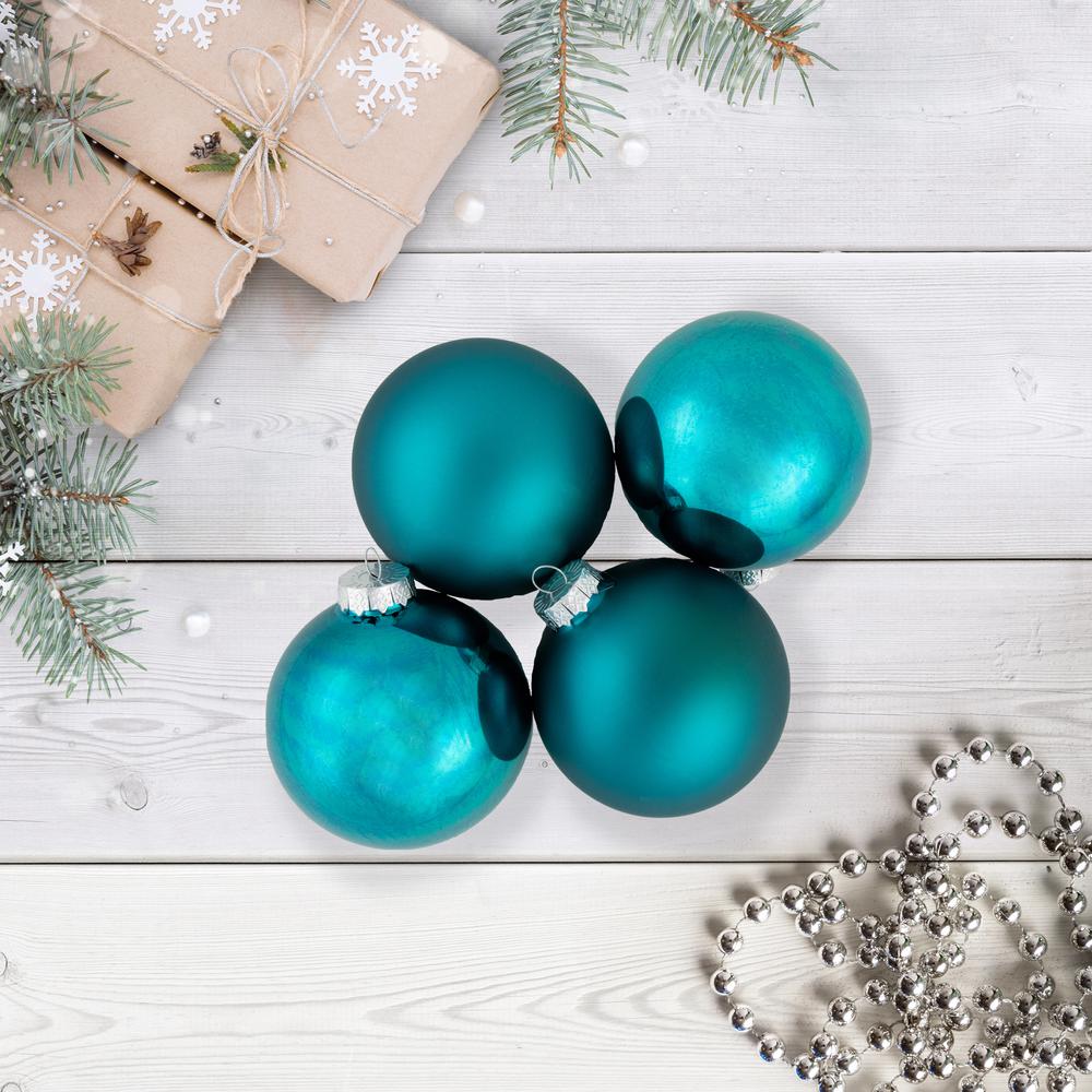 4ct Turquoise Blue 2-Finish Glass Ball Christmas Ornaments 4". Picture 2