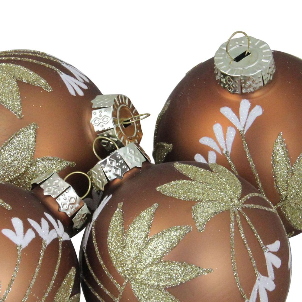 4ct Brown and Gold 2-Finish Floral Glass Christmas Ball Ornaments 3.25" (80mm). Picture 3