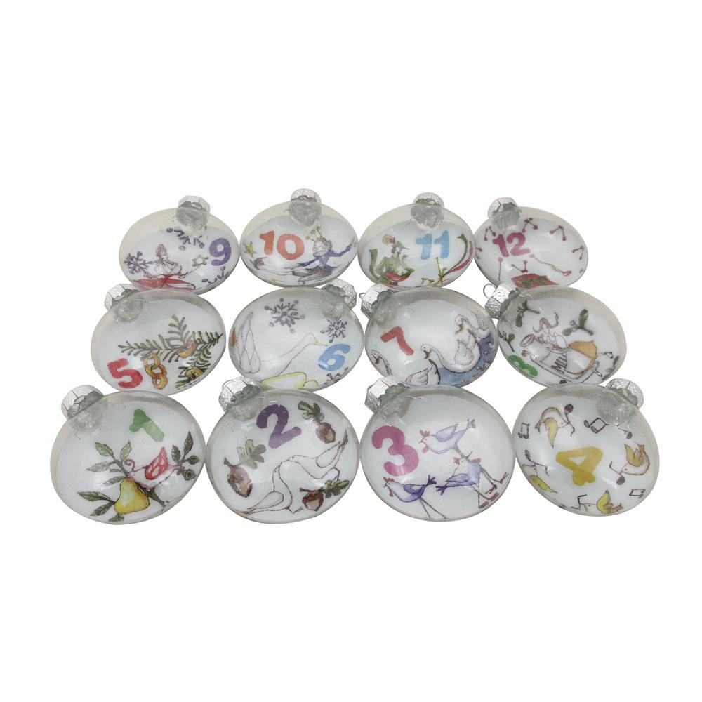 12ct Clear 'The Twelve Days of Christmas' Glass Disc Ornaments 3". Picture 1