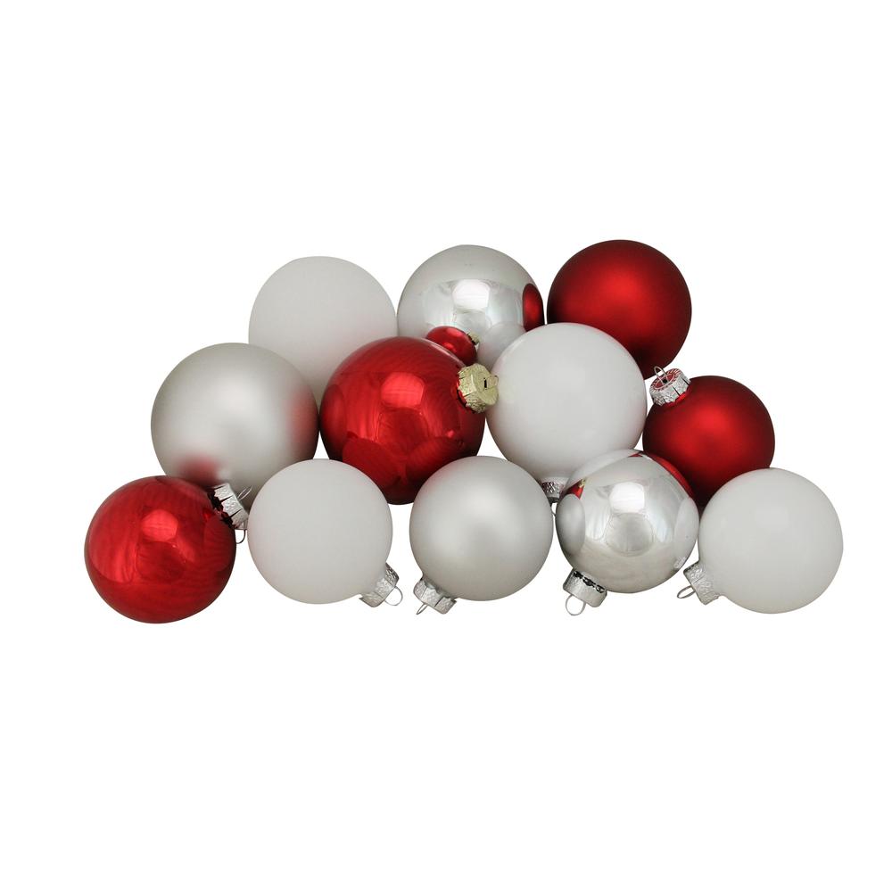 72ct Red  Silver and White Shiny and Matte Glass Ball Christmas Ornaments 3.25-4". Picture 1
