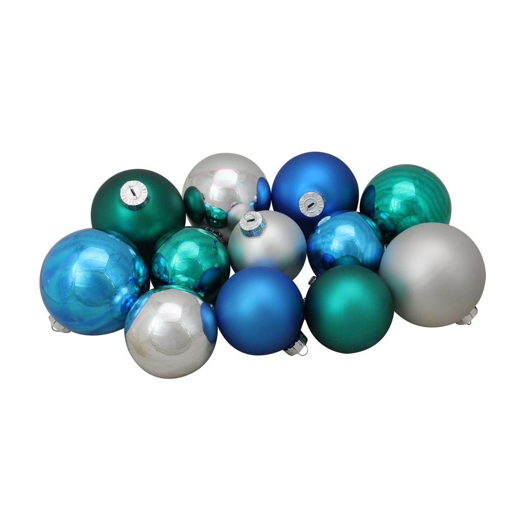 72ct Turquoise Blue and Silver 2-Finish Glass Christmas Ball Ornaments 4" (100mm). Picture 1