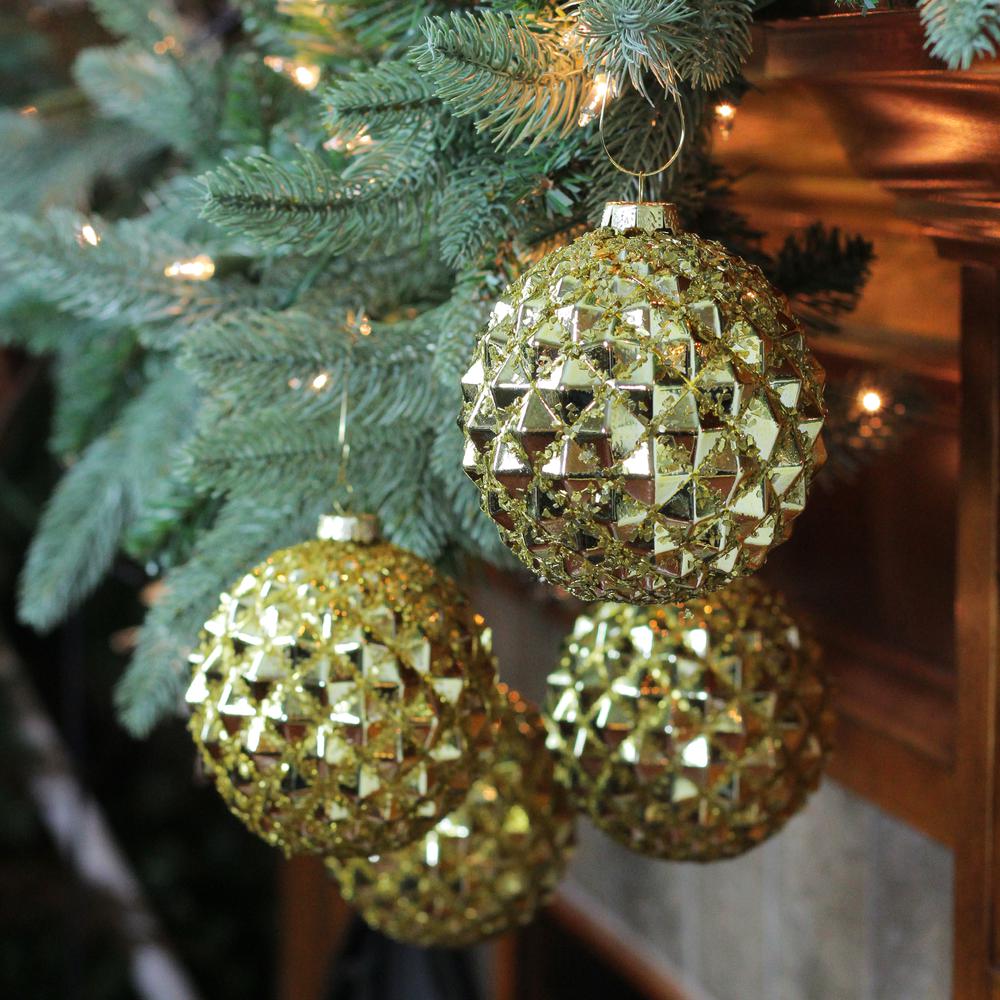 4ct Gold Glitter Flake Christmas Glass Ball Ornaments 4" (100mm). Picture 2