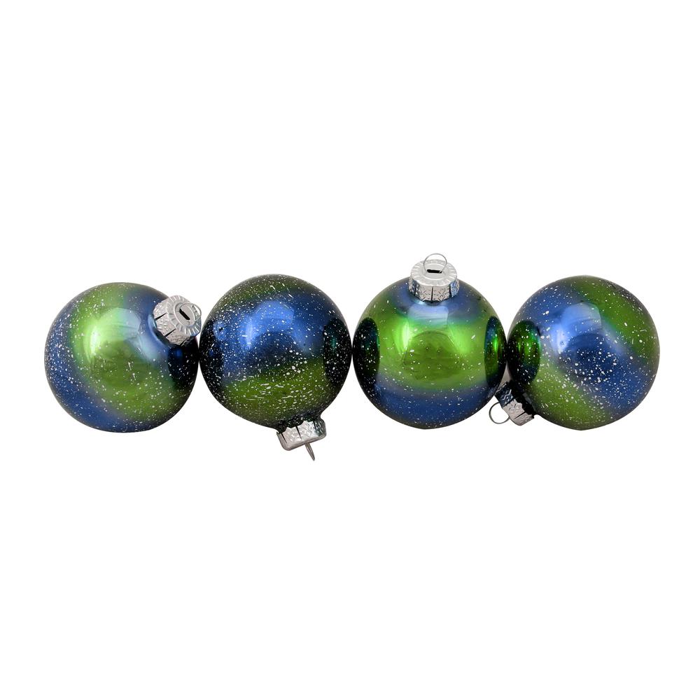 4ct Blue and Green Striped Speckled Christmas Ball Ornaments 3.25" (80mm). The main picture.