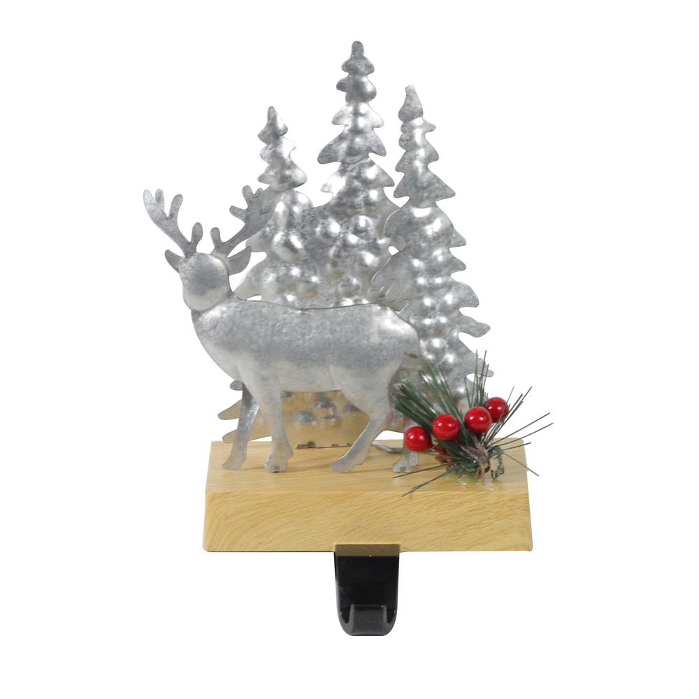 8.5" Silver and Brown Galvanized Metal Deer with Trees Christmas Stocking Holder. The main picture.