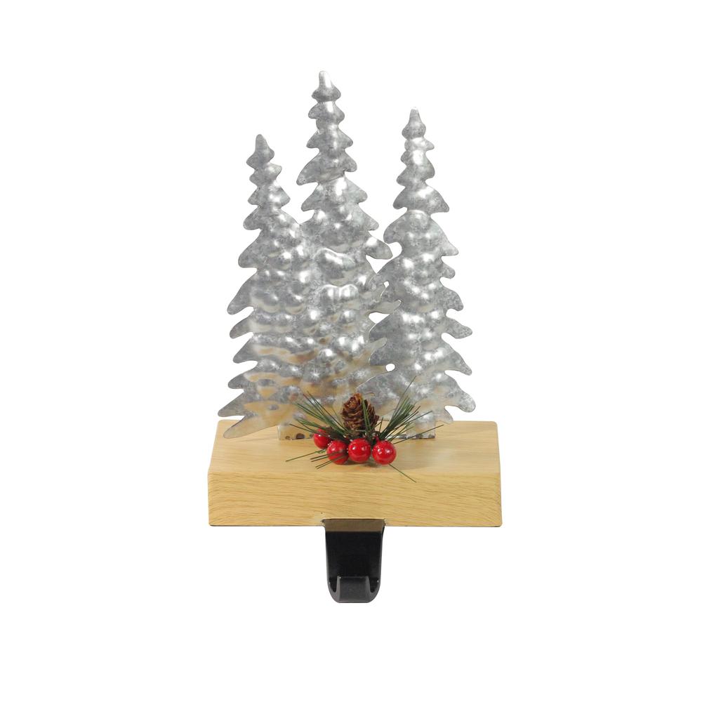 8.5" Silver and Red Wooden Christmas Trees Stocking Holder. Picture 1
