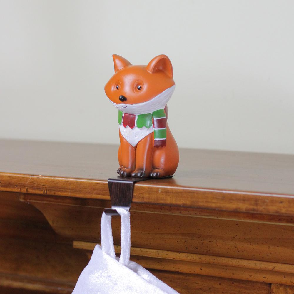 9" Standing Fox Wearing a Striped Scarf Christmas Stocking Holder. Picture 3