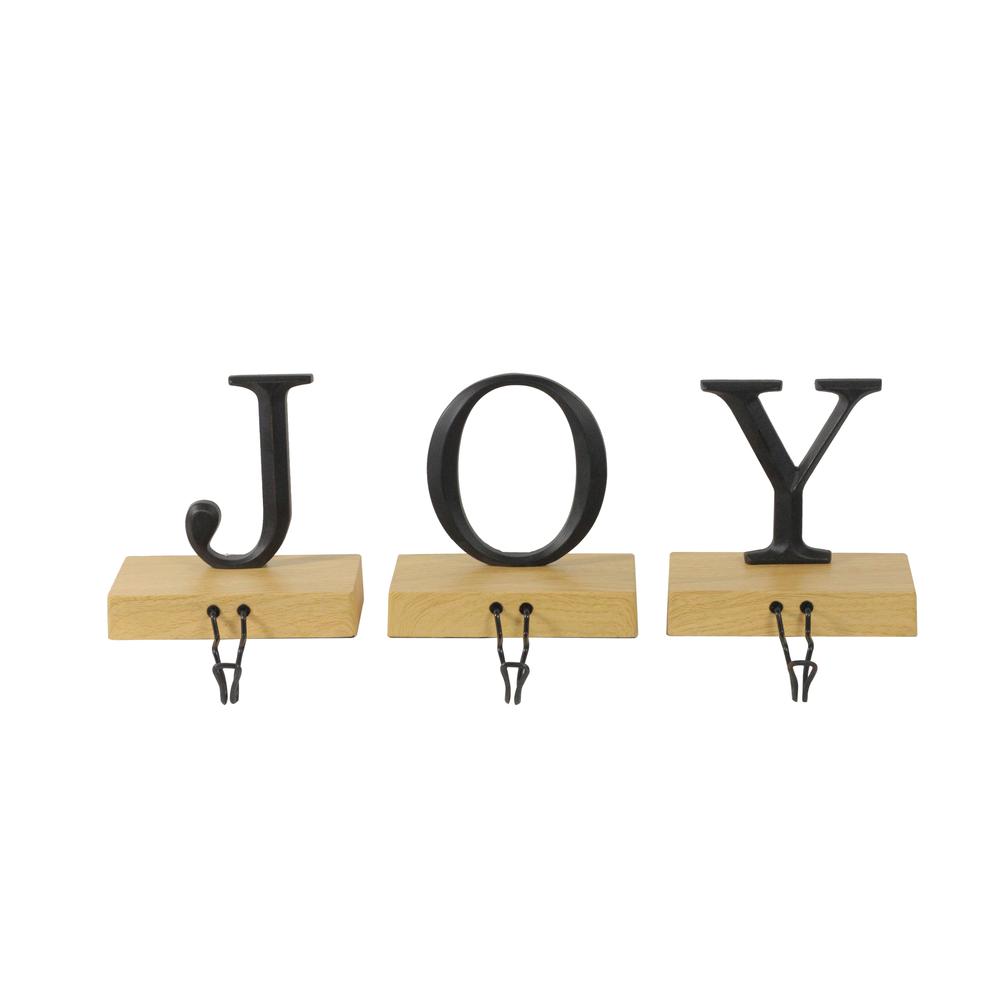 Set of 3 Metal and Wood â€œJOY" Weighted Christmas Stocking Holder 6â€œ. The main picture.