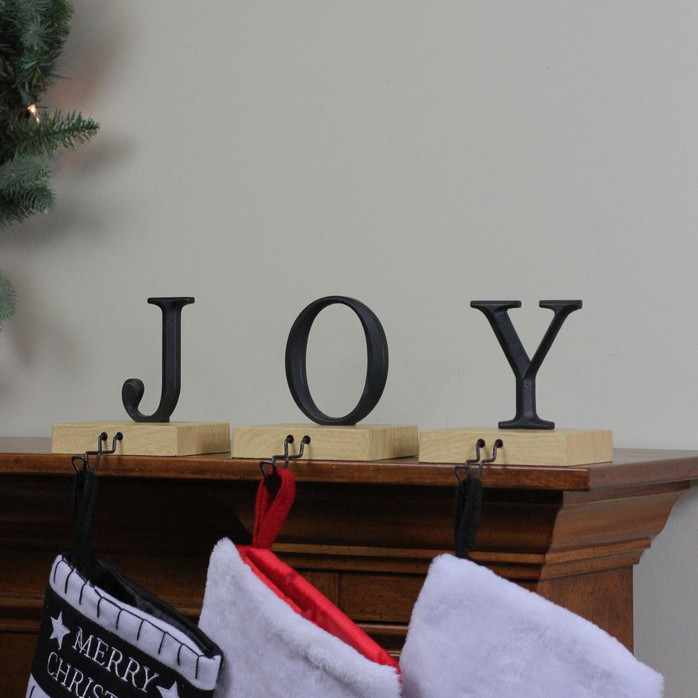 Set of 3 Metal and Wood â€œJOY" Weighted Christmas Stocking Holder 6â€œ. Picture 3