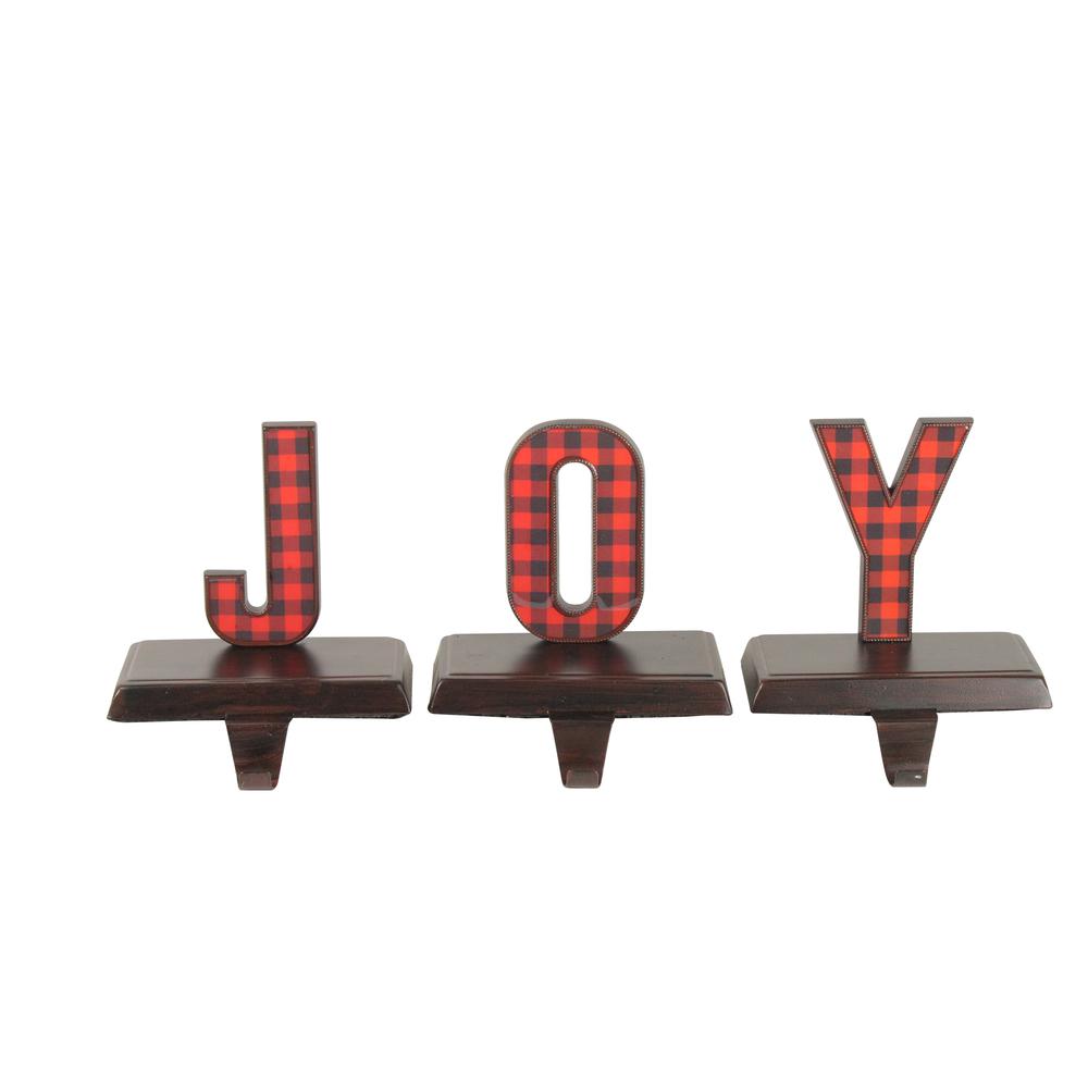 Set of 3 Red and Black Buffalo Plaid "JOY" Christmas Stocking Holder 6". The main picture.
