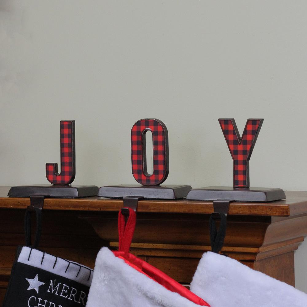 Set of 3 Red and Black Buffalo Plaid "JOY" Christmas Stocking Holder 6". Picture 3