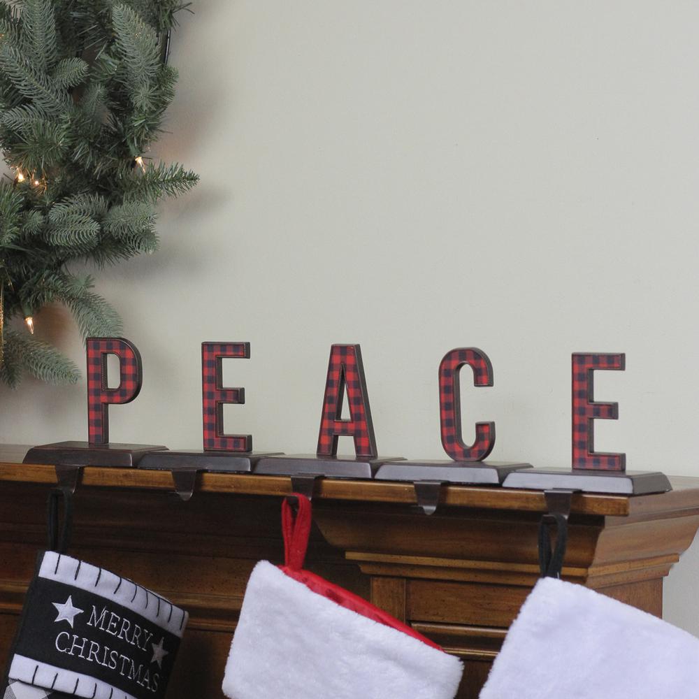 5 Piece Set Red and Black Buffalo Plaid â€œPEACE" Christmas Stocking Holder 6". Picture 3