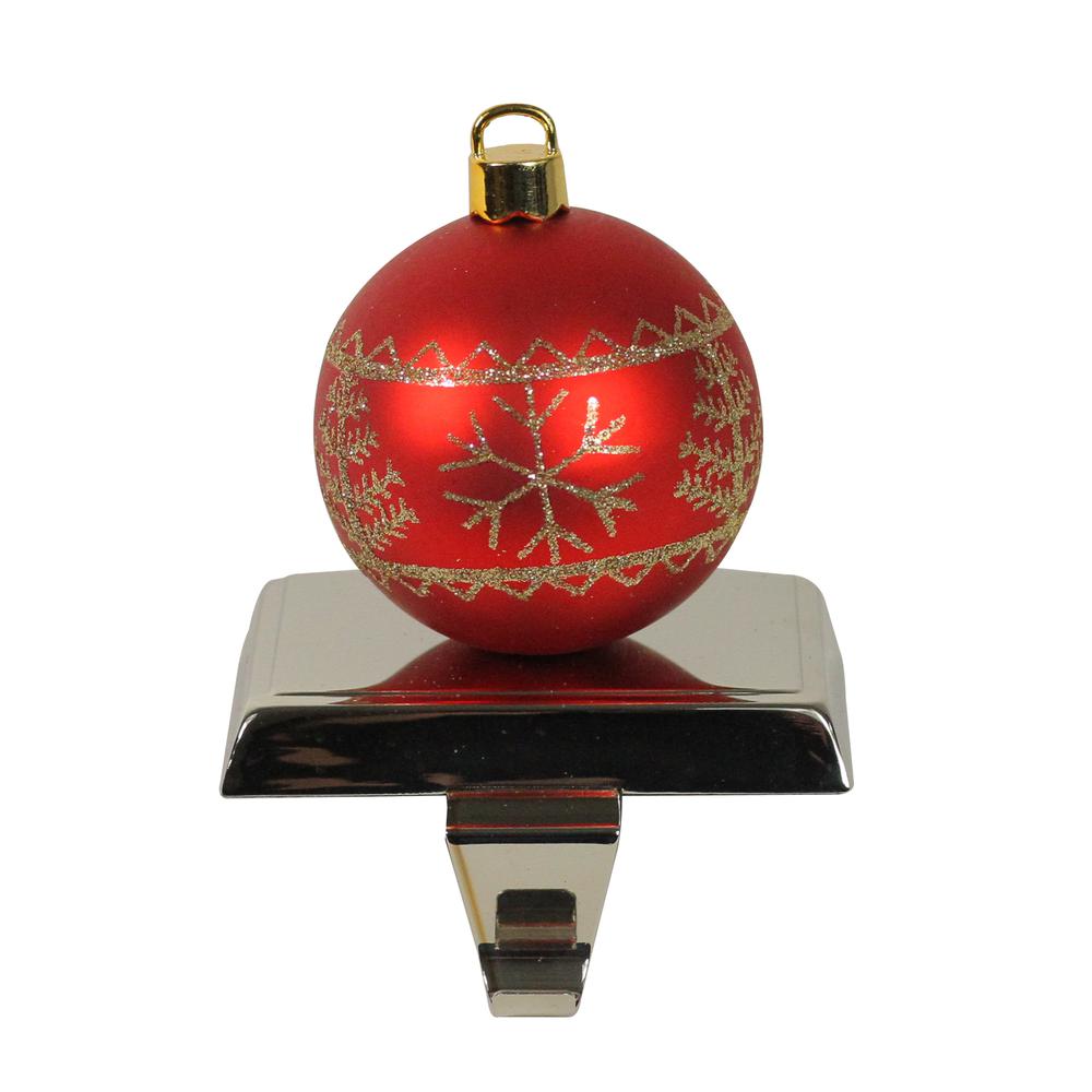 5.5" Red and Gold Snowflake and Christmas Tree Ball Ornament Stocking Holder. Picture 1