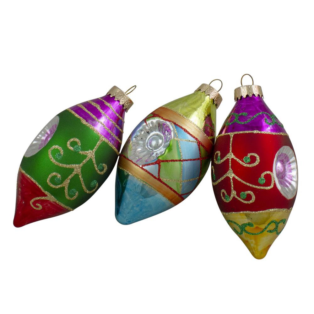 3ct Multi Color with Reflectors Glass Finial Christmas Ornament Set 4.25". Picture 1