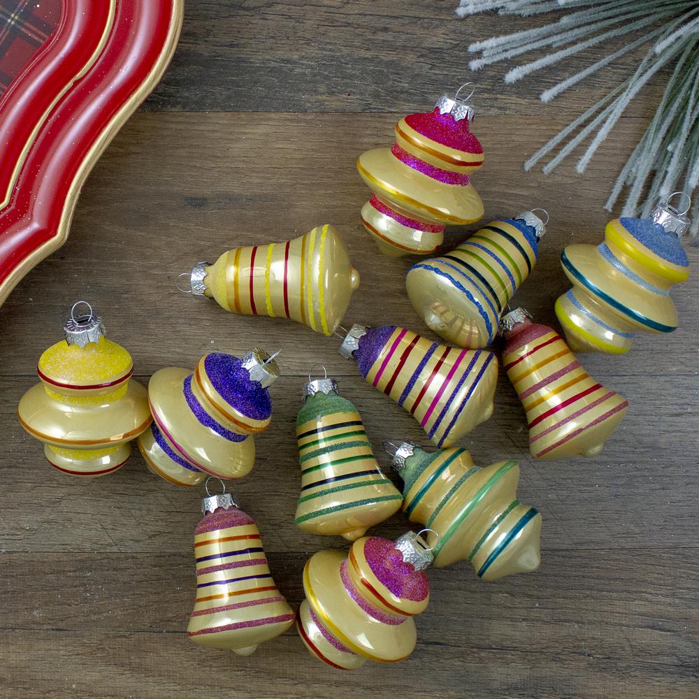 12ct Purple 2-Finish Striped Glass Christmas Finial and Bell Ornaments 2.75". Picture 2