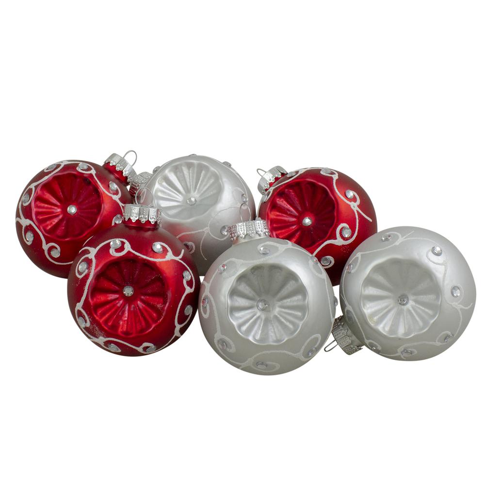 6ct Red and Silver Retro Matte Glass Christmas Ball Ornament Set 3.25" (82mm). Picture 1