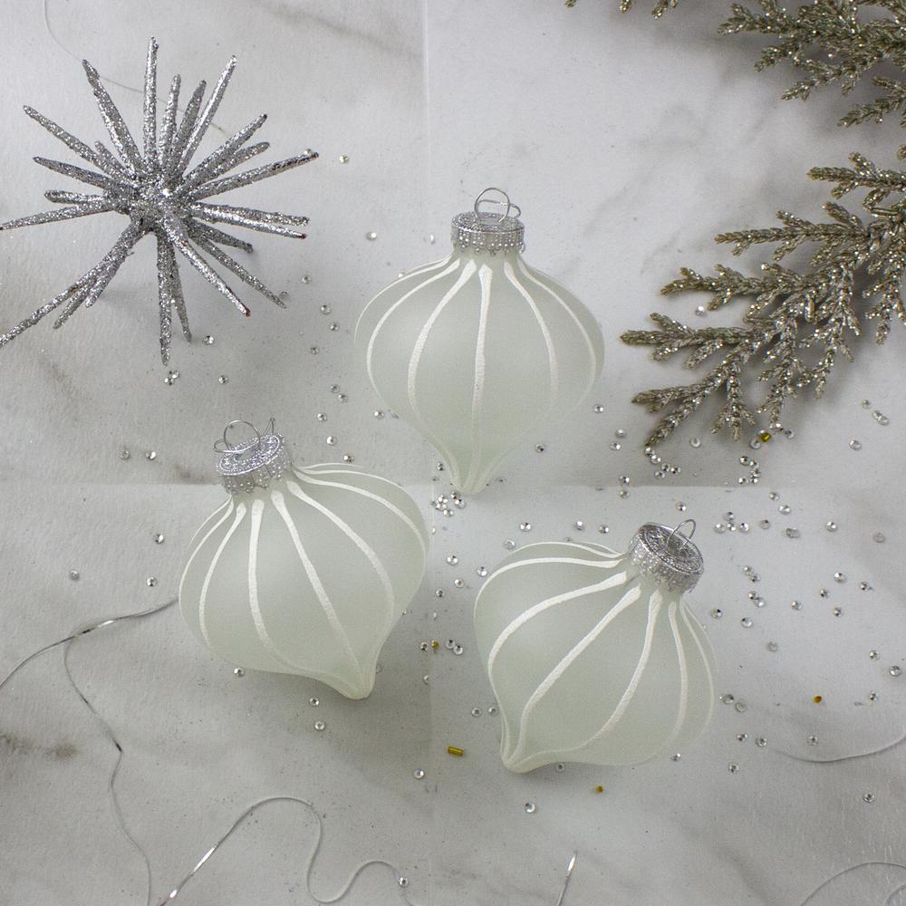3ct Clear and White Glitter Stripes Glass Christmas Onion Drop Ornaments 3.25". Picture 3