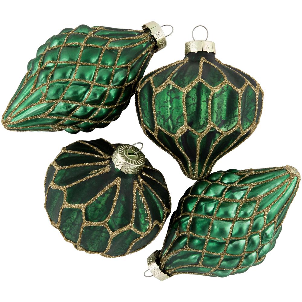 4ct Green with Gold Glitter Onion and Finial Glass Christmas Ornaments 4.75". Picture 1