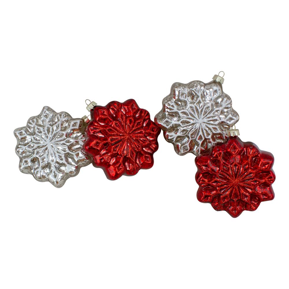 4ct Red and Silver Glass Snowflake Hanging Christmas Decorations 3.75-Inch (100mm). The main picture.