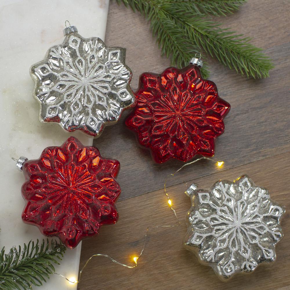 4ct Red and Silver Glass Snowflake Hanging Christmas Decorations 3.75-Inch (100mm). Picture 2