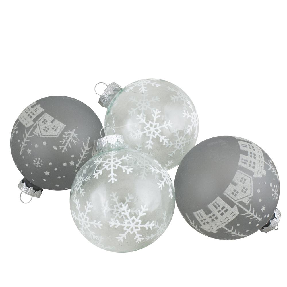 4 ct Gray and Clear Glass Ball Hanging Christmas Ornaments 3.25-Inch (80mm). Picture 1