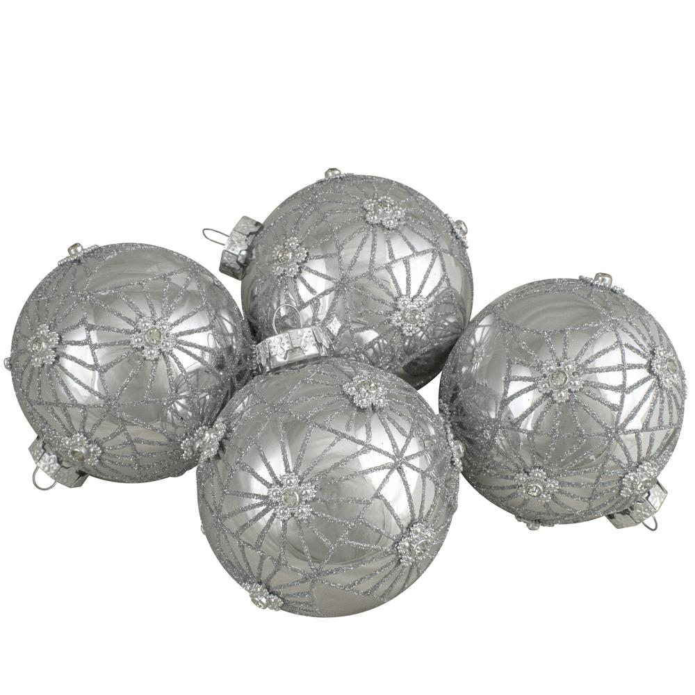 4ct Silver with Floral Gem Christmas Ball Ornaments 3.25-Inch (80mm). Picture 1
