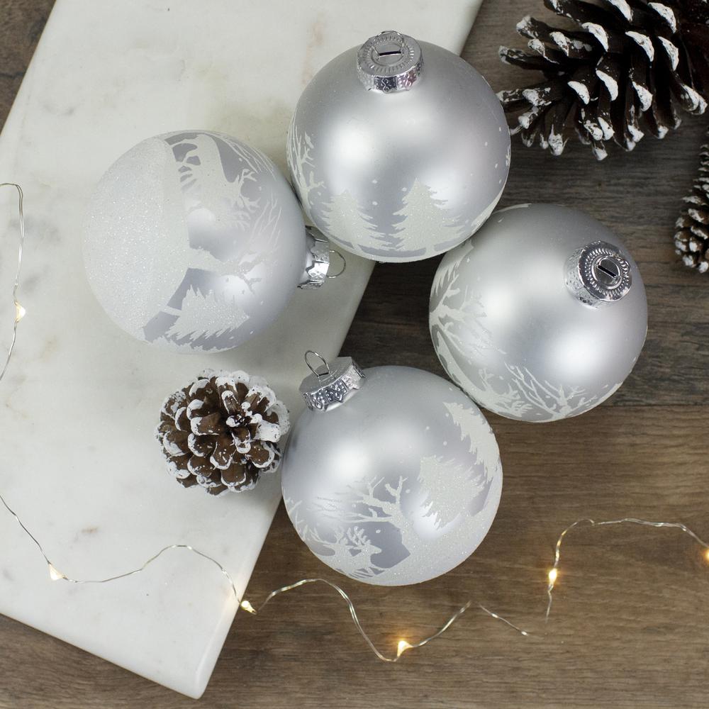 4ct Matte and Frosted White Glass Hanging Christmas Ball Ornaments 3.25" (80mm). Picture 2