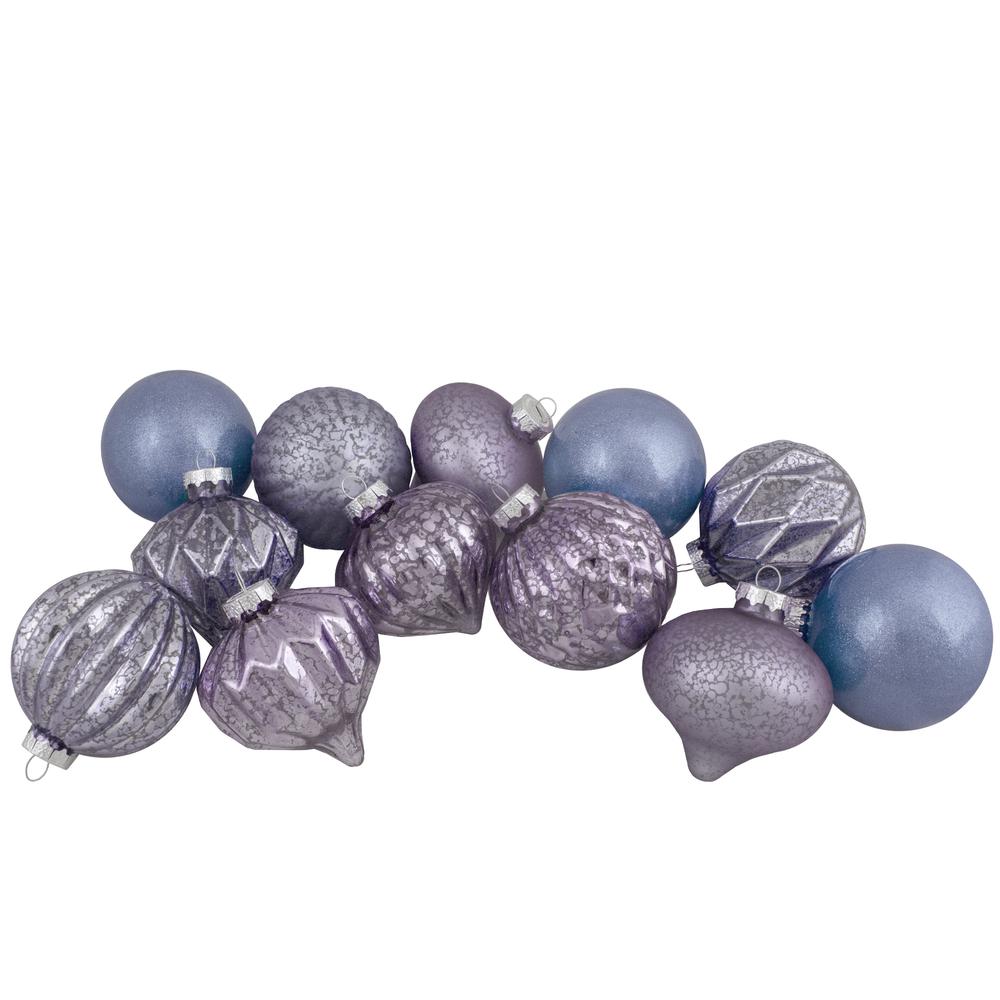 Set of 12 Purple Tone Finial and Glass Ball Christmas Ornaments. Picture 1