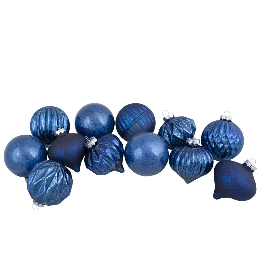 Set of 12 Blue Finial and Glass Ball Christmas Ornaments. Picture 1