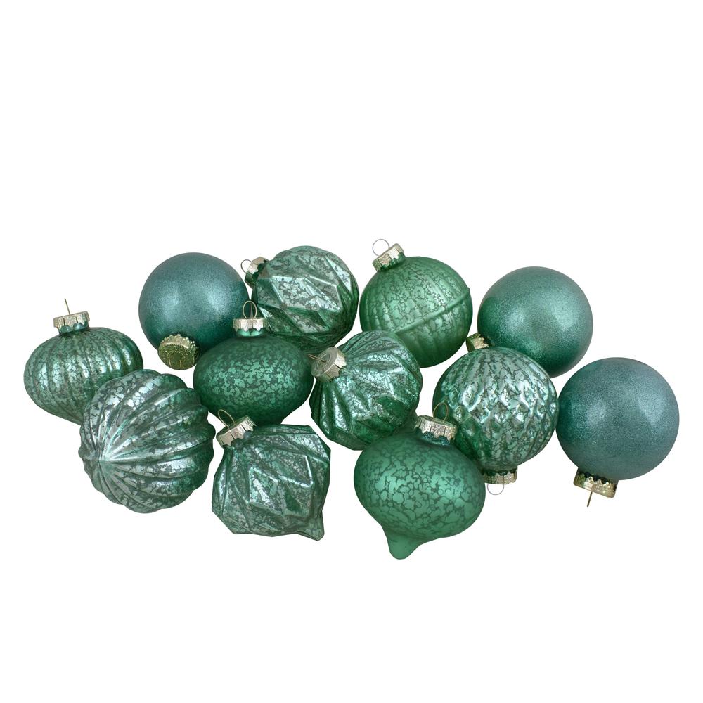 Set of 12 Green Finial and Glass Ball Christmas Ornaments. Picture 1