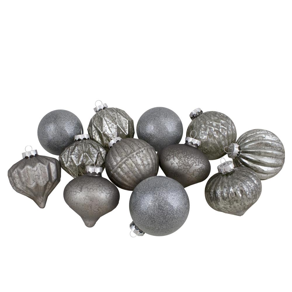 Set of 12 Neutral Tone Finial and Glass Ball Christmas Ornaments. Picture 1