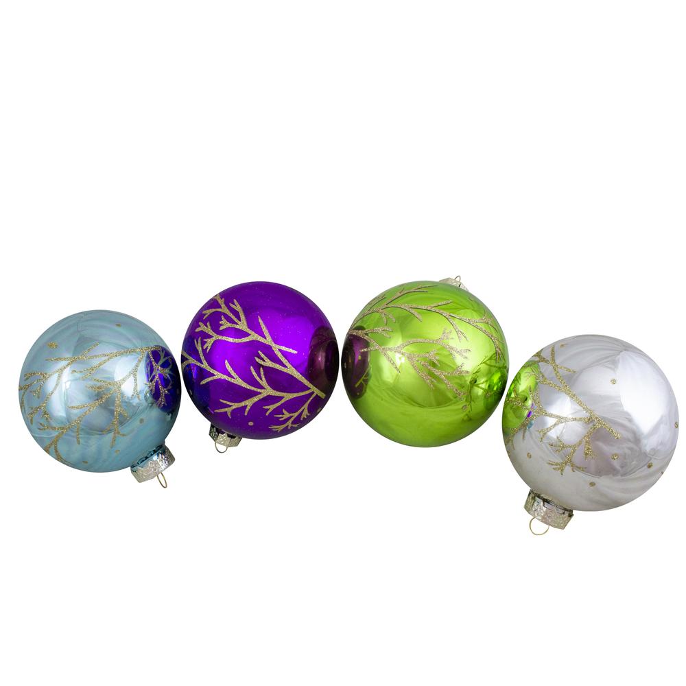 Set of 4 Multi-Color Shiny Glass Ball Christmas Ornaments 4-Inch (100mm). Picture 1