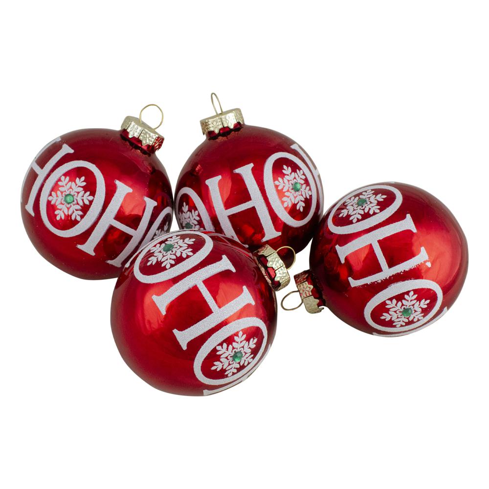 Set of 4 Red Ho Ho Ho Glass Ball Christmas Ornaments 3.25-Inch (80mm). Picture 1