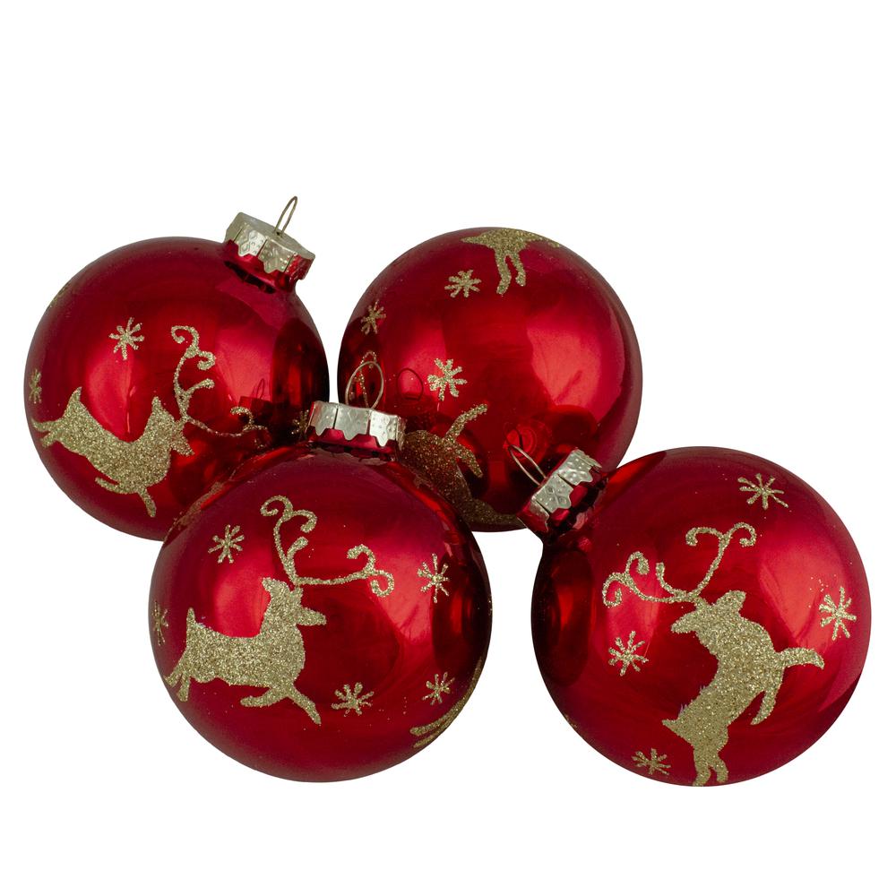Set of 4 Red and Gold Deer Glass Ball Christmas Ornaments 3.25-Inch (80mm). Picture 1