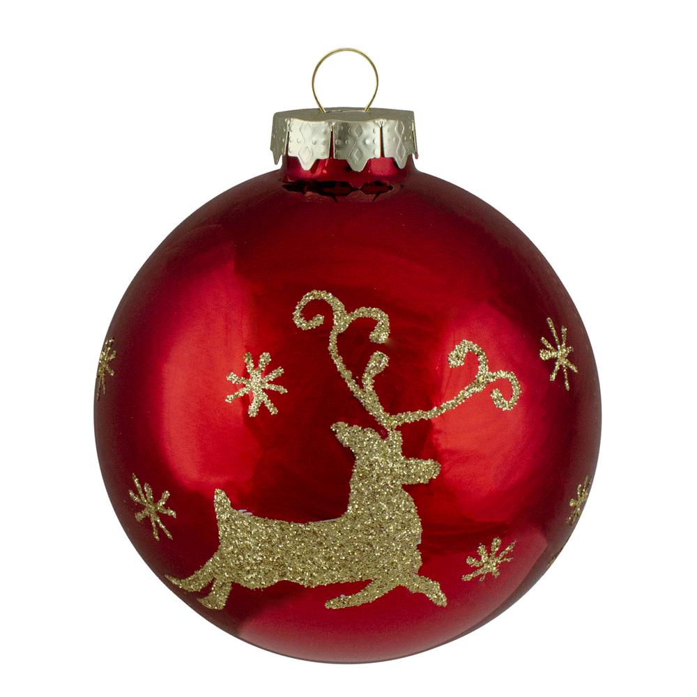 Set of 4 Red and Gold Deer Glass Ball Christmas Ornaments 3.25-Inch (80mm). Picture 2