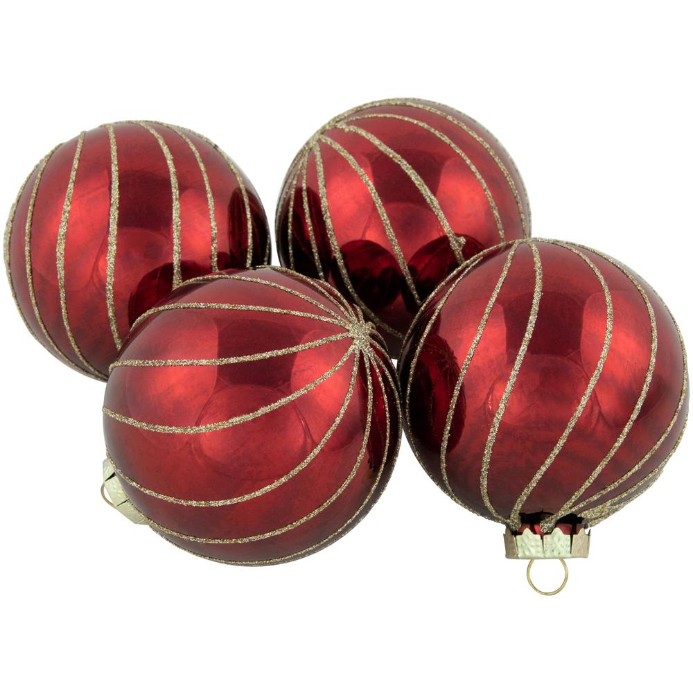 4ct Burgundy Red and Gold Glitter Striped Glass Ball Ornaments 3" (76mm). Picture 3